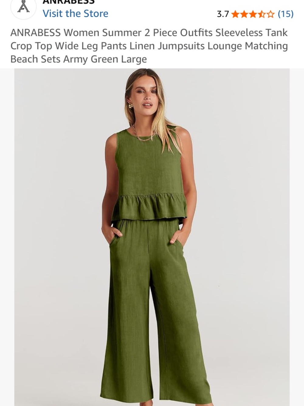 ANRABESS Olive Green Sleeveless Linen Wide-Leg Jumpsuit Set